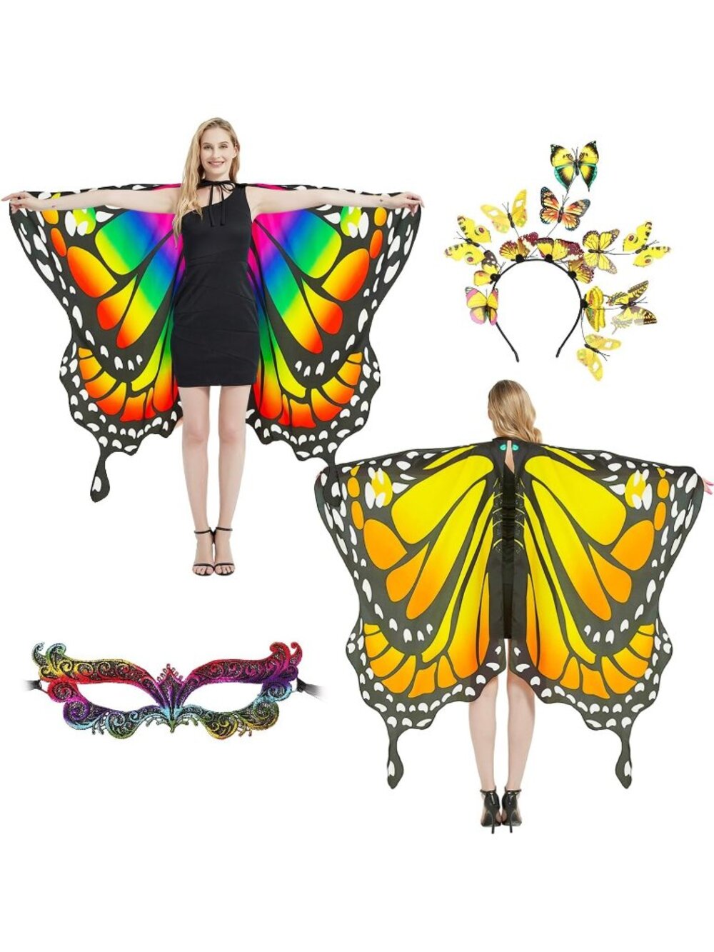 🎃Women's Yellow Double Sided Halloween Butterfly Moth Wings With Skirt Costume